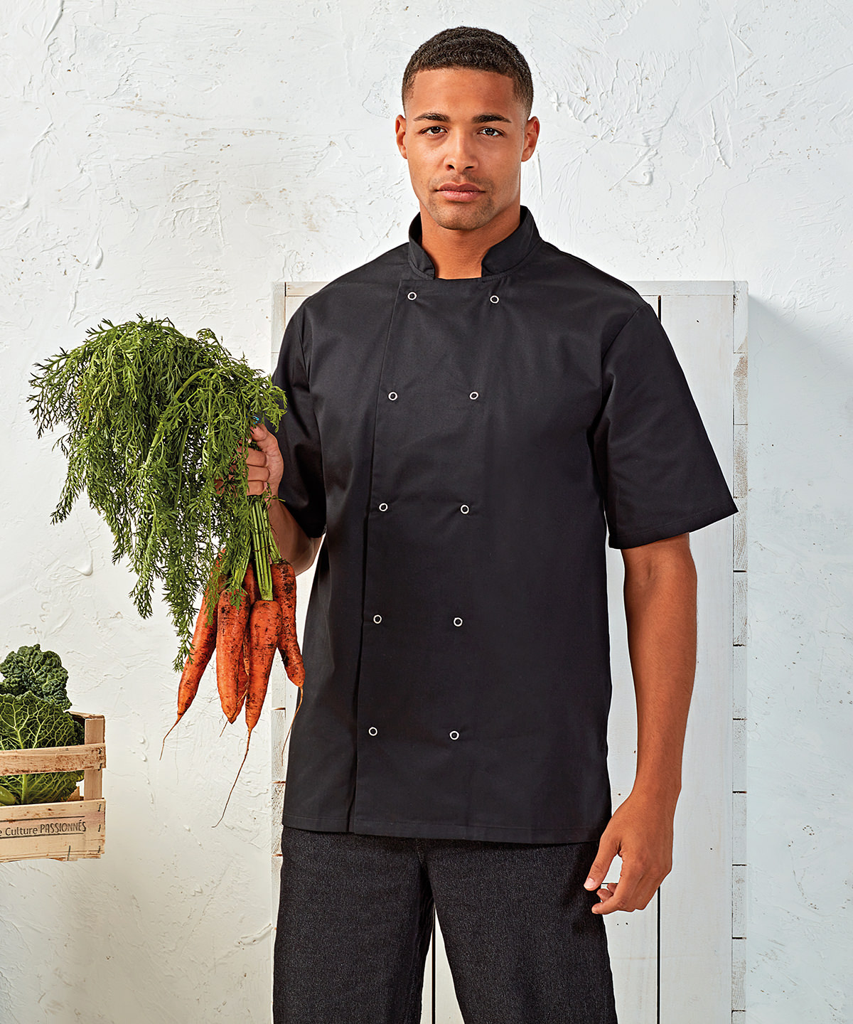 Studded Front Short Sleeve Chef's Jacket-pr664