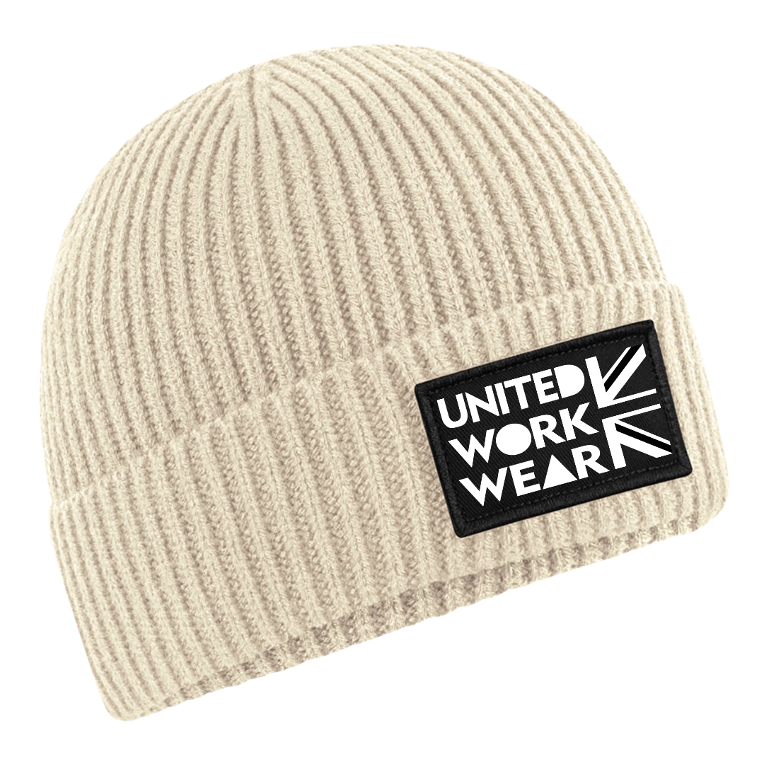 united workwear patch beanie hat -white