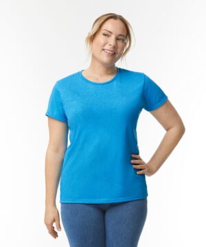 women's work t-shirt.A female model wearing a blue semi-fitted women’s work t-shirt with short cap sleeves, designed for workplace comfort and professional appearance.