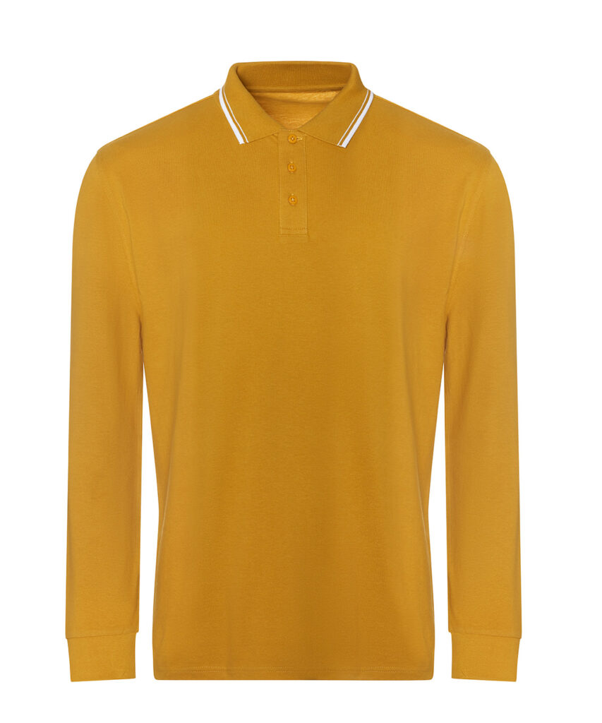 Men's Long Sleeve Tipped Polo Shirt-mustard polo shirt