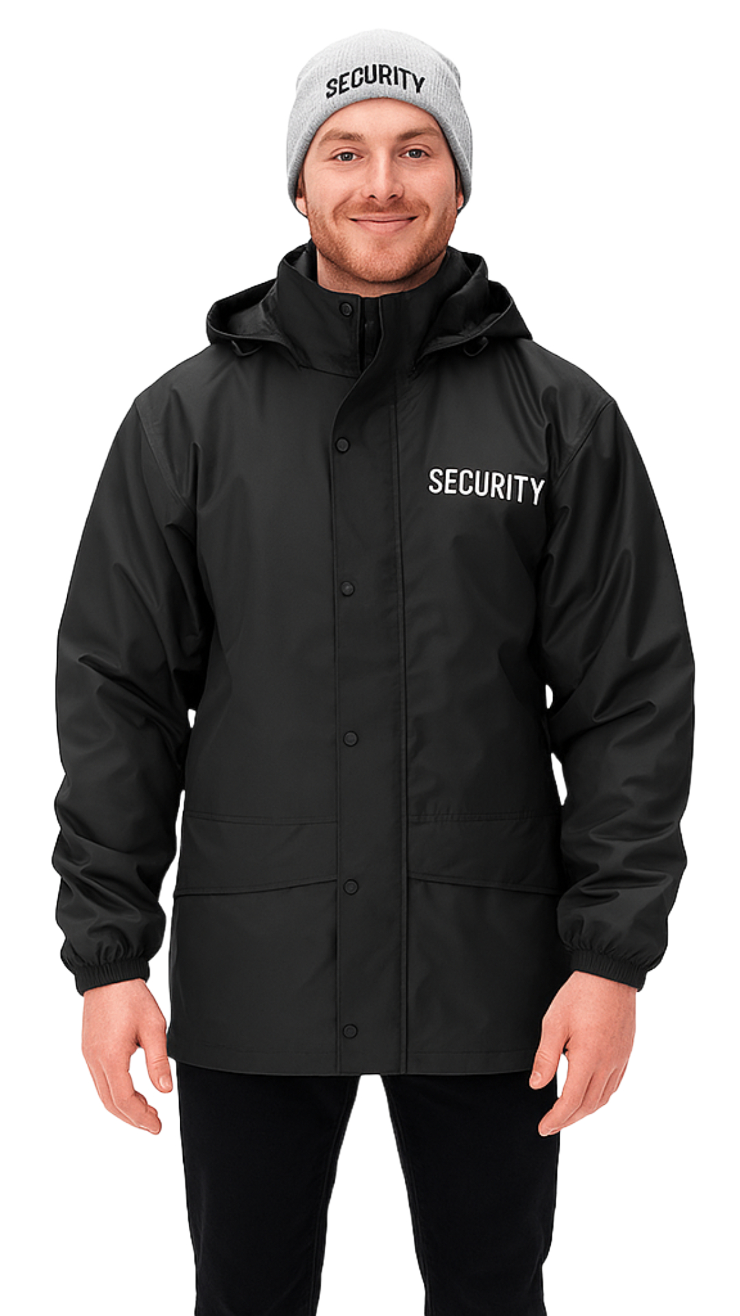SECURITY man is wearing grey security beanie hat-raincoat
