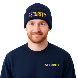 SECURITY man is wearing navy security beanie hat with security navy jumper