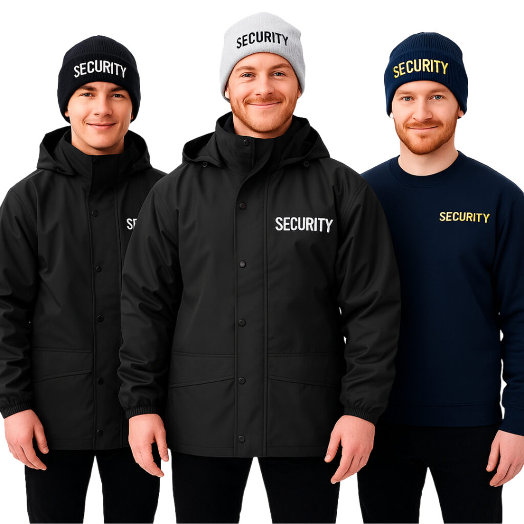 SECURITY mens wear navy security beanie hats and raincoats